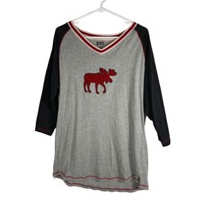 Lazy One Womens Tall Tee TLS Moose Raglan Sleep Shirt Gray Red 3/4 Sleeve L